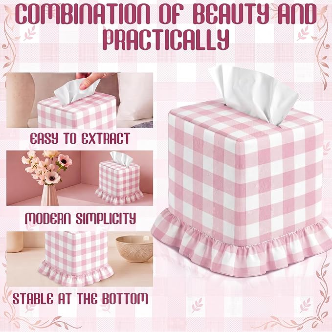 Pink Gingham Tissue Box with Ruffled Cover Cottagecore Handmade Decorative Gingham Napkin Holder for Home Bedroom Living Room Bathroom Vanity Countertop Car Office Kitchen
