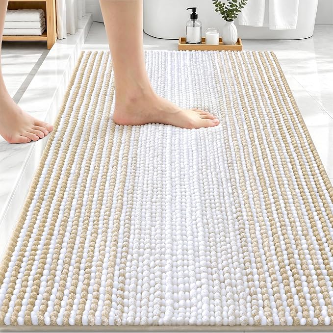 OLANLY Bathroom Rugs 30x20, Soft Chenille Striped Bath Rugs, Beige | Extra Absorbent, Rubber Backing, Machine Wash Dry, Bath Mats for Bathroom Floor, Tub and Shower, Home Decor Accessories