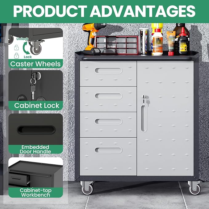 Garage Storage Cabinet System,Wall Cabinet & Locking Rolling Tool Cabinet with Doors and Adjustable Shelves