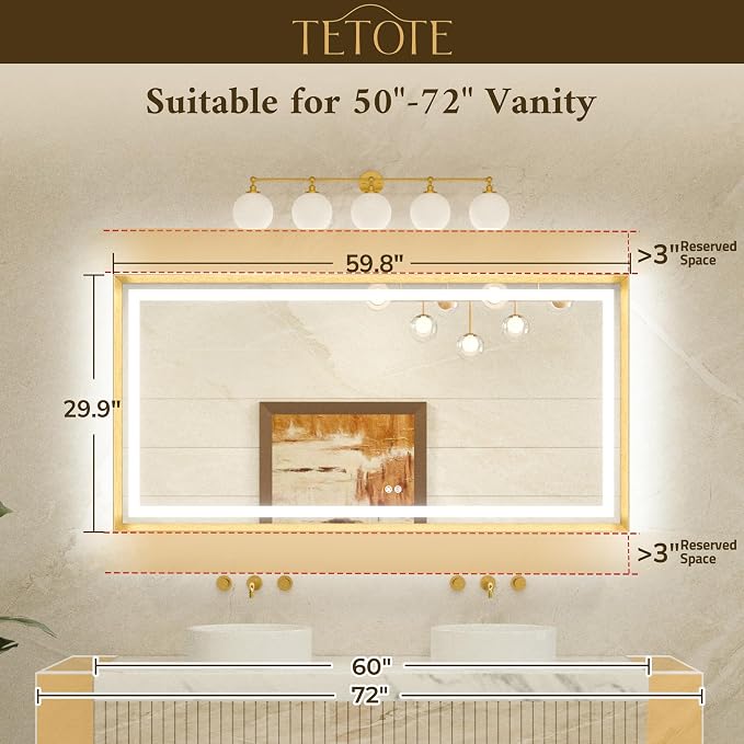 60 x 30 Large Bathroom Mirror Brushed Gold Metal Frame Frontlit & Backlit Vanity Mirror 3 Colors White/Warm/Natural Stepless Dimmable Anti-Fog Bathroom Mirrors for Vanity Wall-Mounted
