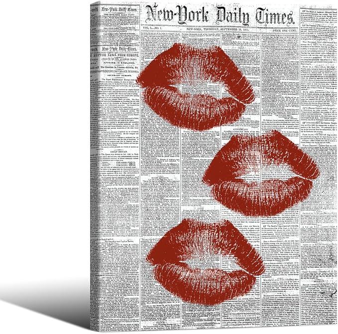 Black White Newspaper Canvas Wall Art Fashion Red Kiss Lips Aesthetic Poster 12X16 inch Framed Trendy Girly Sexy Canvas Prints for Bar Cart Makeup Room Wall Decor