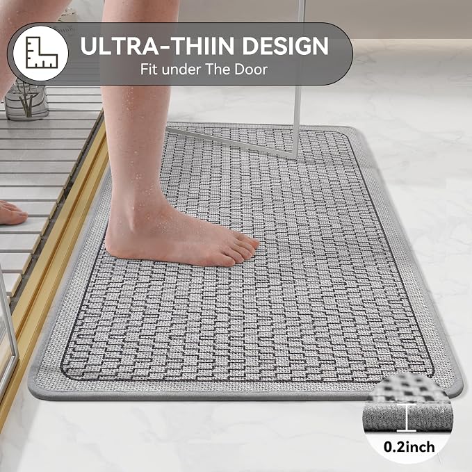 Non Slip Bath Mat, Thin Bathroom Rugs Fit Under Door, Grey 24x35 | Quick Dry Absorbent, Rubber Backing Washable Bathmat, Shower Mat for Bathroom Floor, Tub and Outside Shower, Home Decor