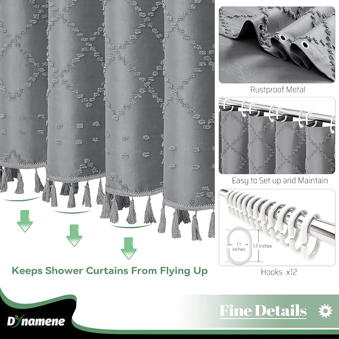 Boho Farmhouse Fabric Shower Curtain Tufted Geometric 72x72 Grey | Elegant Tassel, Soft Lightweight Textured Fabric, Water Repellent, Washable, Hotel Spa, for Bathroom/Dorm/Apartment 12 Hooks