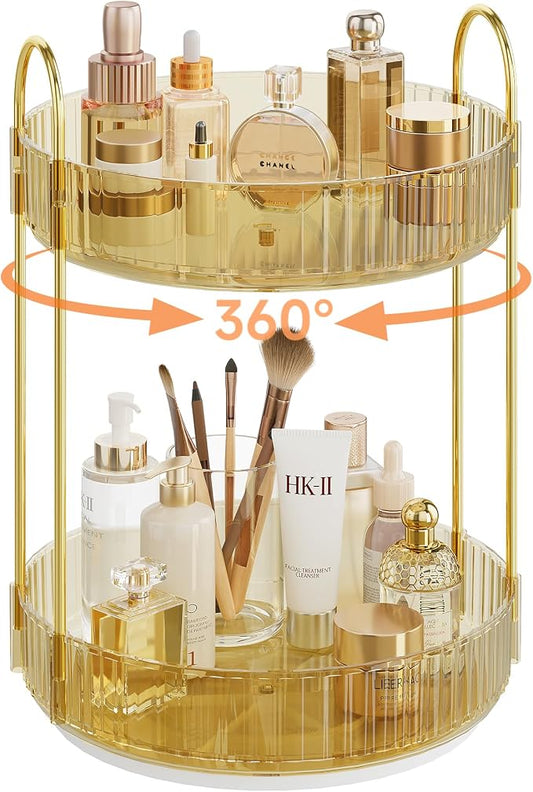Rotating Makeup Organizer Countertop, 2 Tier, Gold | Skincare Organizers, Spinning Perfume Tray Stand, Makeup Storage Organizer for Vanity, Bathroom Organizer, Lazy Susan