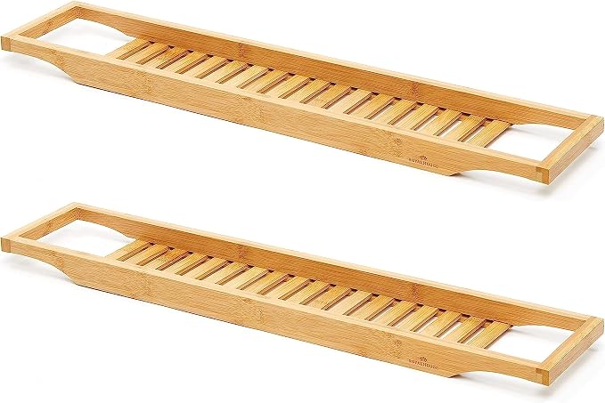 RoyalHouse Bamboo Bath Caddy Tray for Bathtub, with Book and Wine Glass Holder, Attractive Design, Suitable for Luxury Spa or Reading, Ideal Gift for Family & Friends (Pack of 2)
