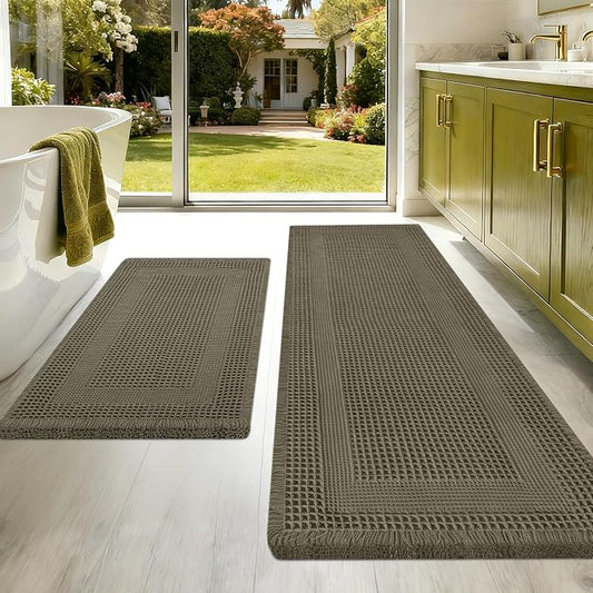 Upgraded Waffle Bath Mat Set 2 Piece Greyish Green-Looped, Super Absorbent Non-Slip Quick Dry Bathroom Rugs with Tassels, Machine Washable Ultra Soft Boho Bath Rugs, Toilet Mats Boho Farmhouse Decor