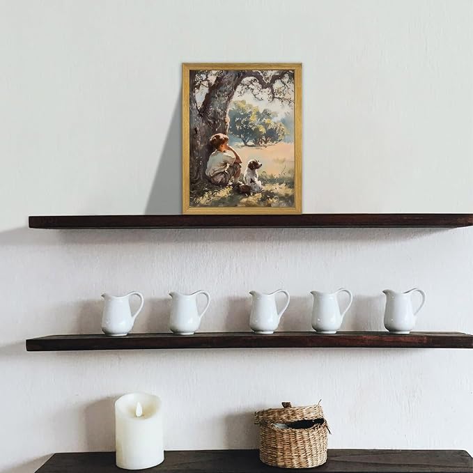 Wood Framed Canvas Wall Art, Vintage Boy and Dog Painting Poster, Countryside Pastoral Landscape Print Picture, Rustic Farmhouse Wall Decor for Living Room Bedroom Nursery 8x10 inch