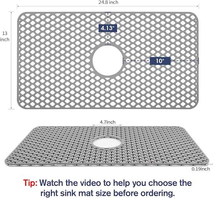 Snuggery Silicone Sink Protector Mat for Kitchen Sink, 25"x13" Rear Drain | Scratch protection, cushions fragile dishes and glassware, dishwasher safe, food-grade silicone, 446°F heat resistant