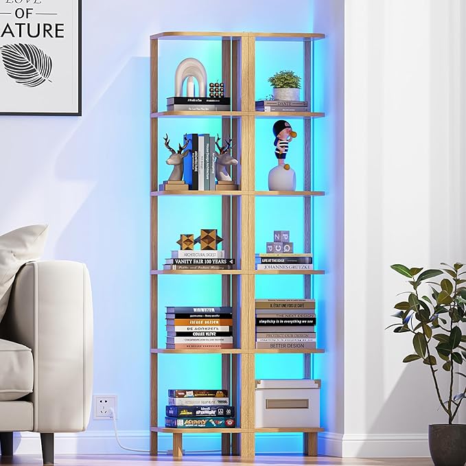 TUTOTAK Corner Shelf with LED Light, 6-Tier Corner Bookshelf | for Small Space, Narrow Display Corner Shelf Stand with Storage Rack, for Living Room, Bedroom, Natural BS08BN006L