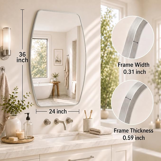 Brushed Nickel Curved Rectangle Bathroom Mirror, 24x36 Inch | Aluminum alloy frame, tempered glass, two-way keyhole mount, for bedroom, dresser, hallway