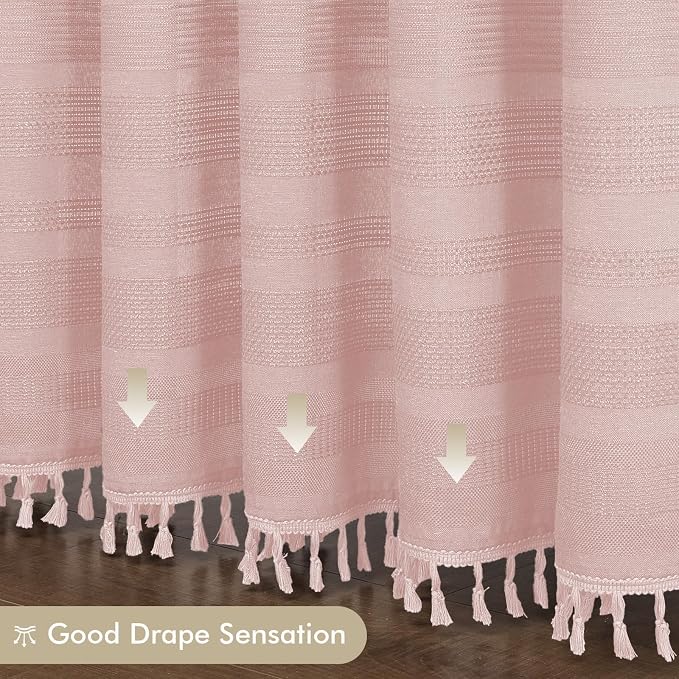 Pink Shower Curtain 78 Inch Long, Boho Thick Linen Textured Shower Curtain with Tassel, Farmhouse Minimalist Striped Weighted Machine Washable Bathroom Decor, 72Wx78L Inches