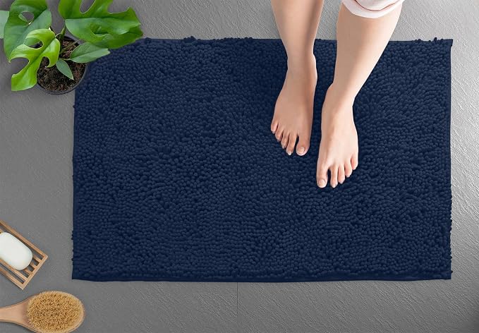 LuxUrux Bath Mat-Extra-Soft Plush Bath Shower Bathroom Rug,1'' Chenille Microfiber Material, Super Absorbent Shaggy Bath Rug. Machine Wash & Dry Navy