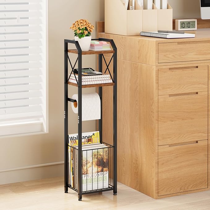 HapiRm Freestanding Toilet Paper Holder - 4-Tier Bathroom Tissue Organizer with Wood Shelves and Large Basket, Toilet Paper Holder Stand for Bathroom, Laundry Room, Apartment - Black（Small）