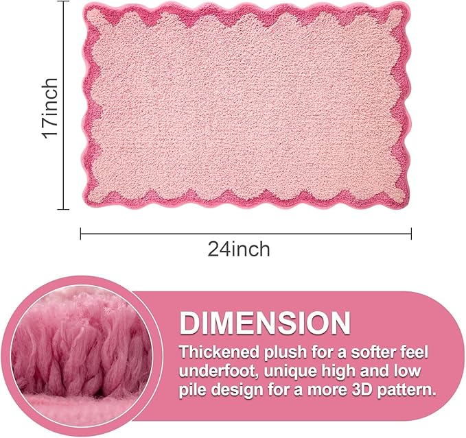 ORTIGIA Small Pink Scalloped Bath Mat, Cute Plush Microfiber Scallop Bathroom Rugs Non Slip Washable Quick Dry Absorbent, Bathmat Carpet for Shower Stall Vanities Kitchen Floor Entrance, 17x24