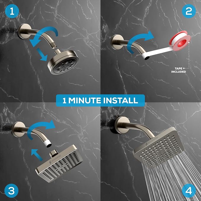 SparkPod Rain Shower Head, 6 Inch Square, Elegant Brushed Nickel Finish | High Pressure Shower Heads, 90 Nozzles, Adjustable Showerhead, No Tools Needed, Universal Connection
