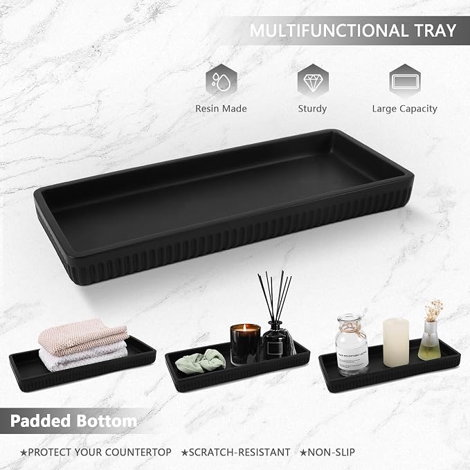 XLHOMO Resin Matte Black Bathroom Accessories Set 5 Pcs, Lotion Soap Dispenser, Toothbrush Holder, Bathroom Tumbler, Qtip Holder and Vanity Tray, Bathroom Countertop Organizer Set for Home Apartment