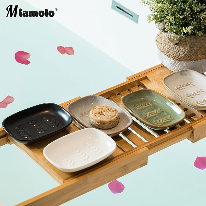 Miamolo Ceramic Soap Dish for Bathroom Sink, Bar Soap Holder Soap-Saving | Raised Ridges Keep Soap Dry, Large Soap Saver for 2 Bars, Sponges, Shower Kitchen Sink | Easy to Clean, Wedding Gift, Green