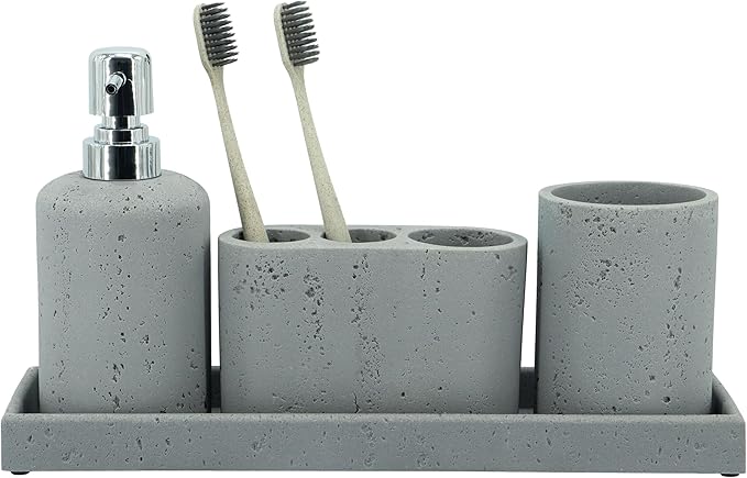 -Beige Bathroom Accessories Set 4 Pcs - Toothbrush Holder, Soap Dispenser, Vanity Tray, Bathroom Tumbler - Countertop Vanity Organizer - Bathroom Accessory Set- Toothbrush Holder Set, Stone Sets