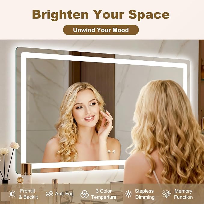 LED Bathroom Mirror with Lights, 30" x 50" Lighted Vanity Mirror | Frontlight+Backlit, 3 Colors Dimmable Brightness, Anti-Fog, Memory Function, Shatterproof Tempered Glass, Horizontal/Vertical