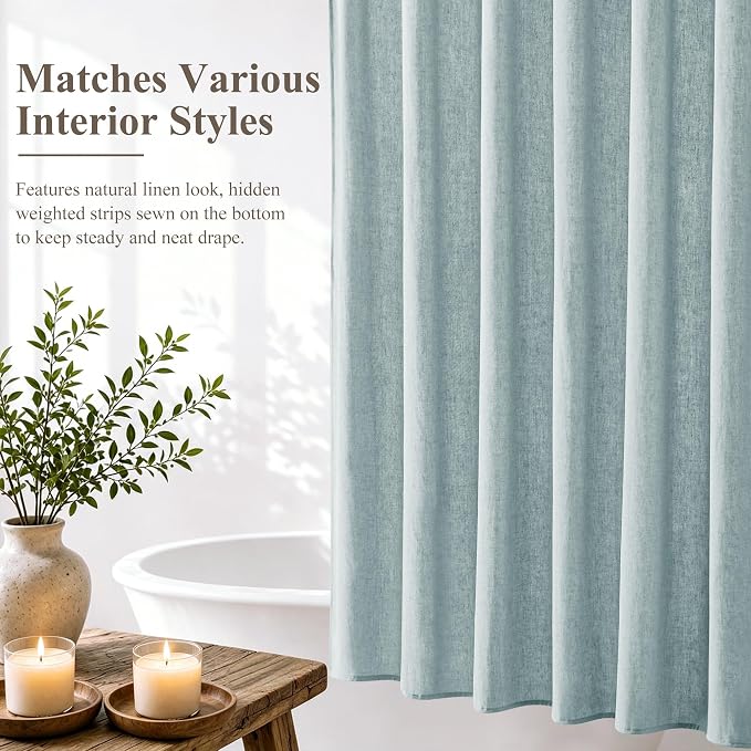 Jowels Blue Linen Fabric Shower Curtains for Bathroom, 72x78 | Long Size, Blue Linen Shower Curtains Set, Waterproof Washable Weighted Textile,Metal Hooks, Hotel Boho Farmhouse Decor