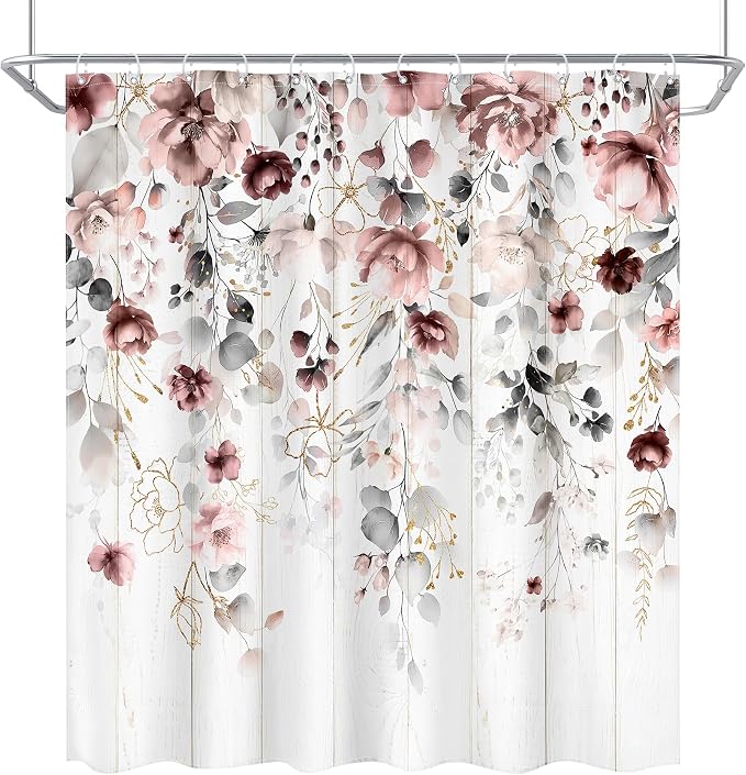 Rusic Floral Grey Pink Eucalyptus Leaves Bathroom Shower Curtain Set | 72"W x 72"L Flower Blossom look, waterproof HD printed shower curtain, quick-dry fabric and free hooks.