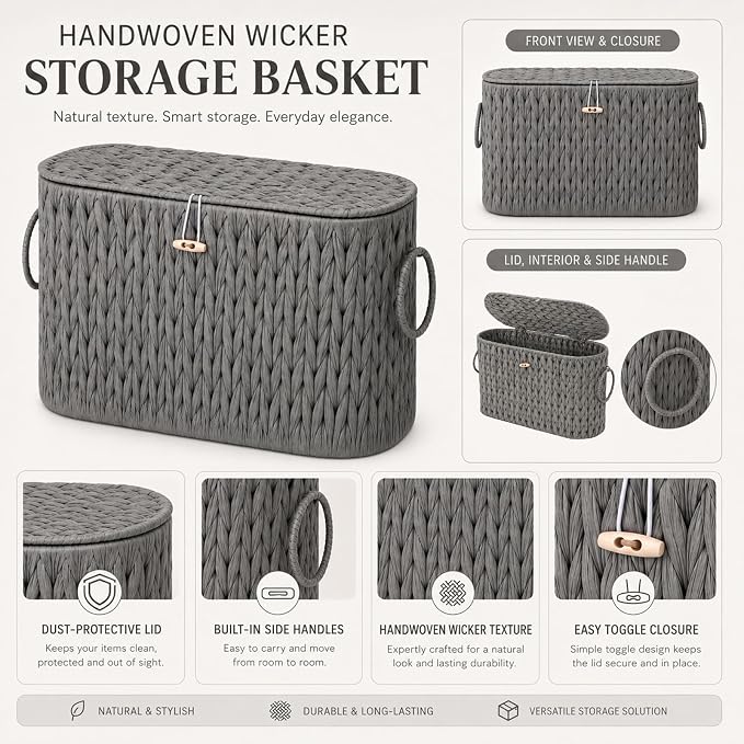 Kathfly Grey Wicker Toilet Paper Holder Basket with Lid and Built-in Handles Wicker Toilet Paper Storage Bathroom Basket Holds up to 6 Mega Rolls Woven Organizer for Home Bathroom Kitchen