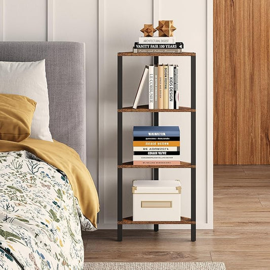 TUTOTAK Corner Shelf, 4-Tier Corner Bookshelf for Small Space | Narrow Display Corner Shelf Stand with Storage Rack, for Living Room, Bedroom, Rustic Brown BS05BB004