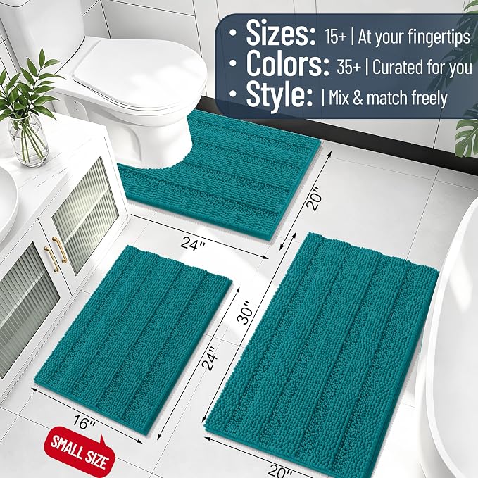 Smiry Thick Small Chenille Bathroom Rugs 24x16, Soft Bath Mat, Deep Lake | Quick‑Dry & Machine Washable, Non‑Slip Bath Carpet, Striped Bath Rugs for Tub & Shower, Modern Home Decor Accessories