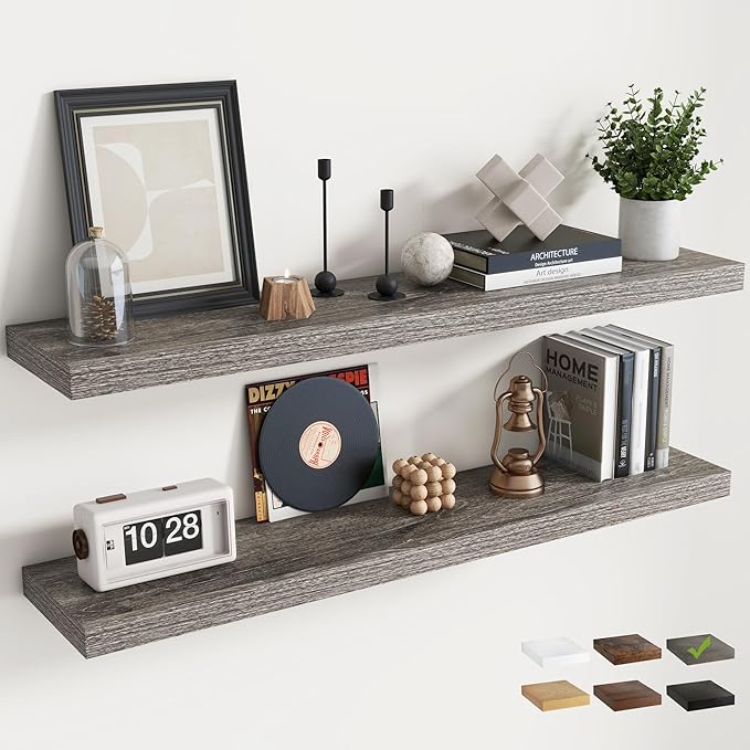 48 Inch Floating Shelves for Wall 2 Pack, 8"D Wood Grain Bathroom Shelves | Invisible Brackets, Grey Oak Finish, Easy Install | Engineered Wood Storage Shelves for Kitchen, Study, Bedroom
