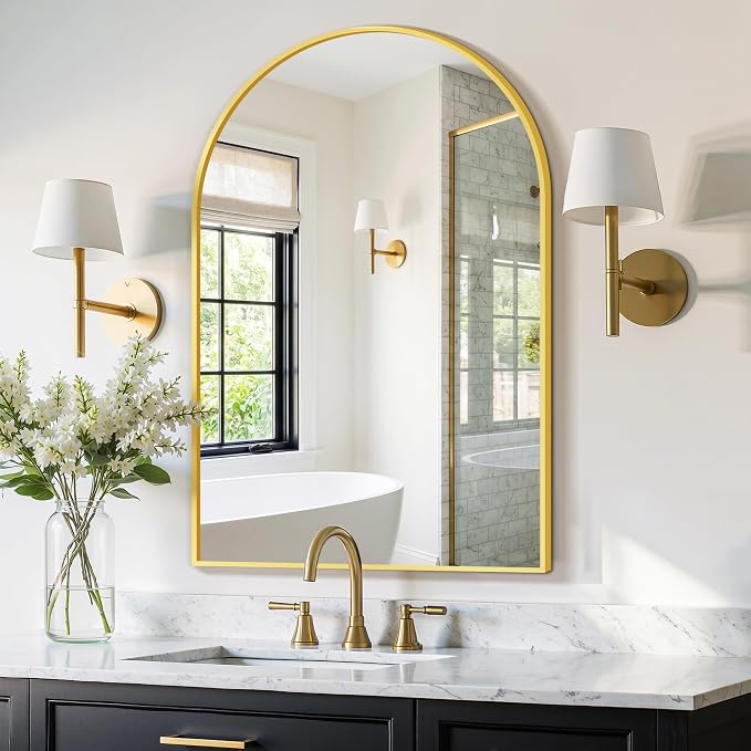 FGU Arched Bathroom Mirror for Over Sink 38"x26" Gold Vanity Mirror | Wall Mounted, HD Tempered Shatter-Proof Glass, Rust-proof Arched Metal Frame, Arch Mirror for Bedroom, Living Room, Entryway