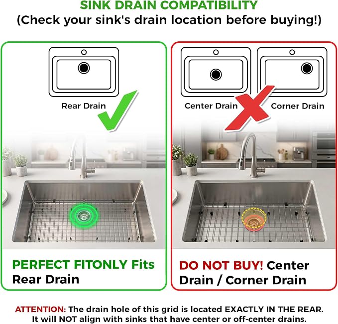 26"x14" Stainless Steel Sink Grid Bottom Protector Rack | 304 Stainless, Anti-Rust, Sink Bottom Protector, Scratch Proof, Rear Drain, Multi-Use Rack, Heavy Duty, Easy Clean