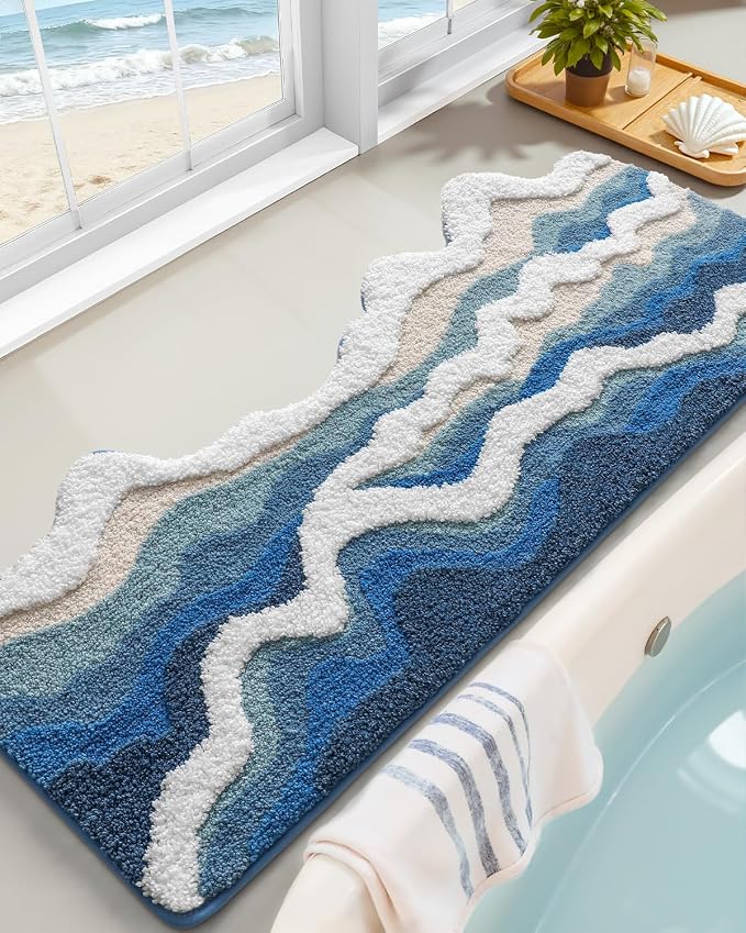 DEXI Cute Bath Mat, Sea Ocean Wave Bathroom Rugs, 34x21 Blue | Soft and Absorbent Microfiber, Non Slip, Machine Washable Bathmat for Shower Floor, Bedroom, Kids Room, Home Decor
