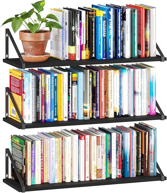 BAMEOS 24X8 Floating Shelves Rustic Wood Wall Shelf Set of 3,Bookshelf for Living Room, Office, and Bedroom, with Metal Bracket…