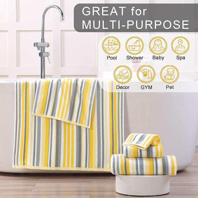 VOOVA & MOVAS Yellow Gray Towels for Bathroom 6 Pack, 100% Cotton | Ideal for Bathroom Decoration & Daily Use, Available in 13x13, 16x27, 28x52 In, Quick Dry, Soft, Absorbent, Lightweight