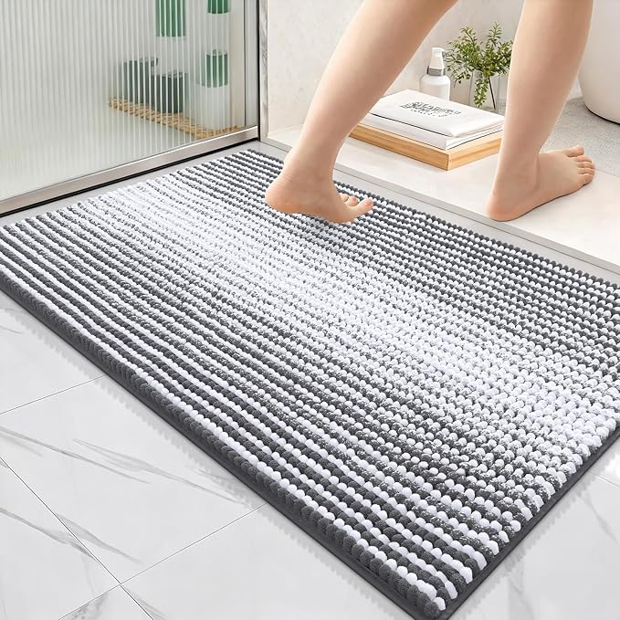 OLANLY Bathroom Rugs 36x24, Soft Chenille Striped Bath Rugs, Grey | Extra Absorbent, Rubber Backing, Machine Wash Dry, Bath Mats for Bathroom Floor, Tub and Shower, Home Decor Accessories