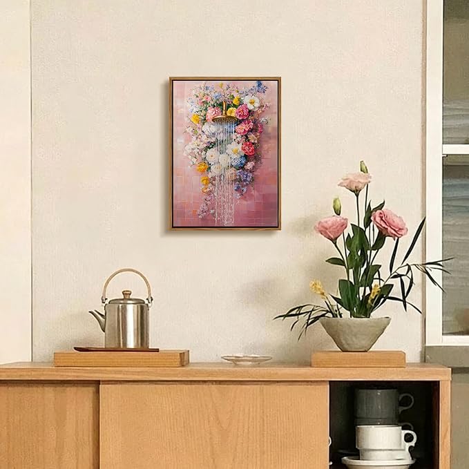Floating Framed Floral Shower Wall Art, Pink Bathroom Flower Canvas Print, Romantic Blooming Roses Waterfall Painting, Cottagecore Botanical Wall Decor for Bathroom Bedroom Living Room 12x16 Inch
