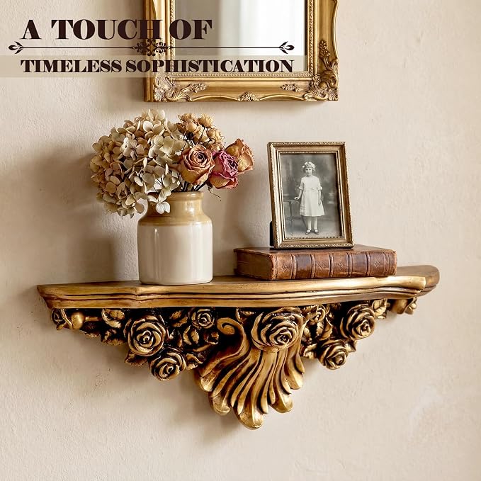 Pinkunn 17" Vintage Antique Gold Floating Wall Shelf | French Country Style Fleur De Lis Victorian Baroque Decorative Ledge, Gothic Wall Decor for Living Room, Bedroom & Entryway