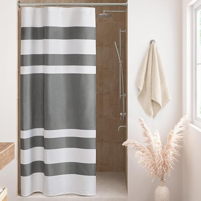 Madison Park Spa Waffle Weave Stall Shower Curtain, 36 x 72, Charcoal | Striped, Pieced Fabric Design, 3M Scotchgard Moisture Management, Hotel Quality, Modern, for Bathroom, OEKO-TEX Certified