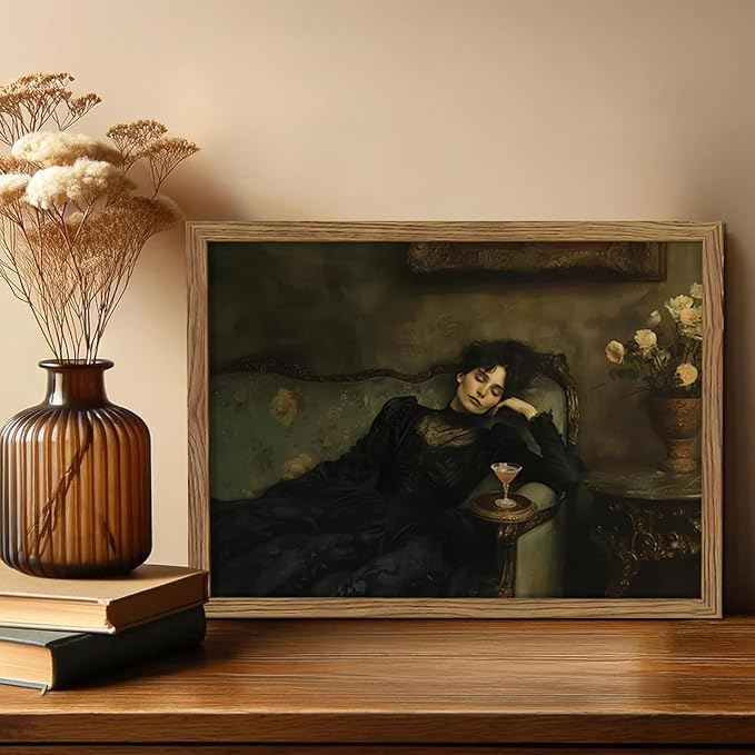 Framed Vintage Victorian Wall Art, Moody Woman Reclining on Sofa Canvas Poster, Dark Academia Portrait Oil Painting Prints, Classical Elegant Wall Decor for Living Room Bedroom Study 12x16in