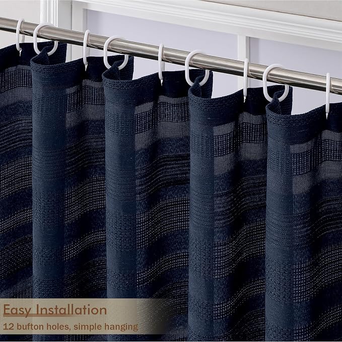 Extra Long Navy Blue Shower Curtain 96 Inch Long, Boho Linen Textured Soft Fabric Heavy Duty Cloth Bathroom Shower Curtain with Tassel, Tall Farmhouse Luxury Bath Decor, 72Wx96L Inches