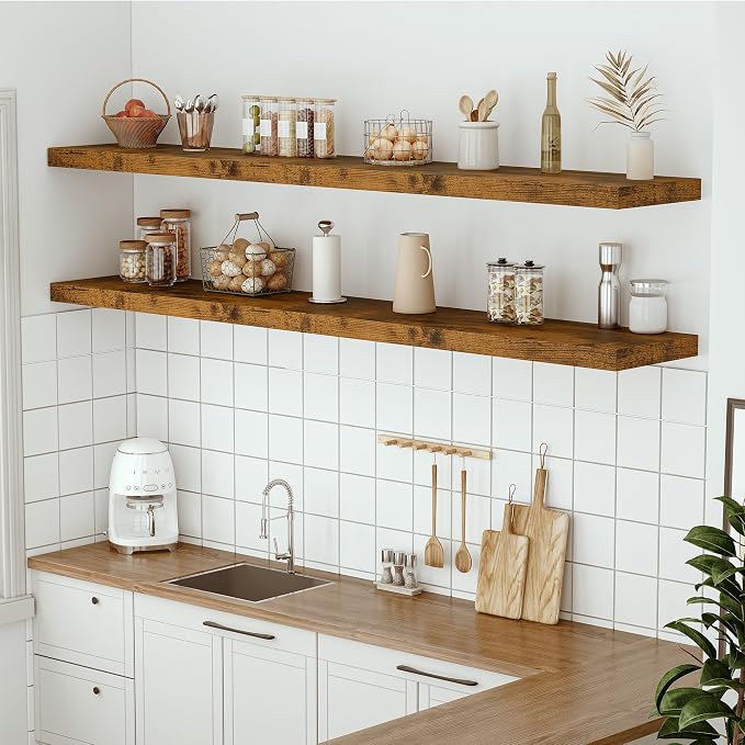 Vivelove Deep Floating Shelves 72x12” Set of 1, Rustic Brown | Easy Install With Hardware, 2" Thick, Invisible Brackets, Wall Mounted, No Sagging, For Any Room