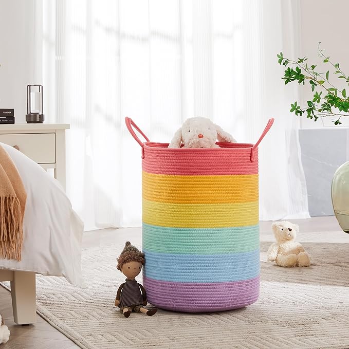 60L Large Rainbow Hamper Tall Woven Rope Laundry Basket for Kids | Nursery Baby Girls Toddler Clothes Blanket Toy Storage Unicorn Hamper in Playroom Bedroom 15"Dx20"H