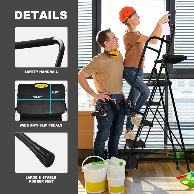 HBTower Step Ladder, Folding Step Stool with Wide Anti-Slip Pedal | Sturdy Steel Ladder, Convenient Handrail, Lightweight, Portable Steel Step Stool