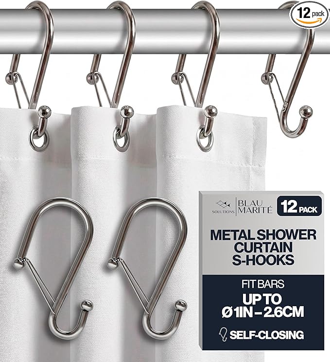Set of 12 Silver Metal S Hook Shower Hooks 1” – Closed, Heavy Duty, Long Decorative Shower Curtain Hooks, Easy Glide, Buckle, Large Rust Resistant Rings for Bathroom Rods (Silver, S)