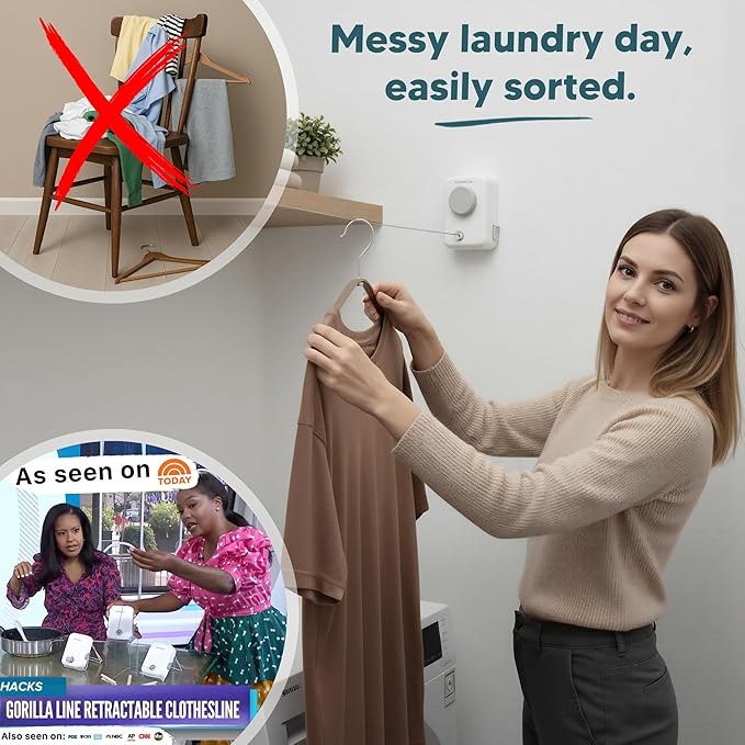 Max - Retractable Clothesline Indoor Outdoor Clothes Line - Heavy Duty Clothes Drying Laundry Line - Wall Mounted Drying Rack - Air Dry Clothing - Max Tighten with GorillaGrip