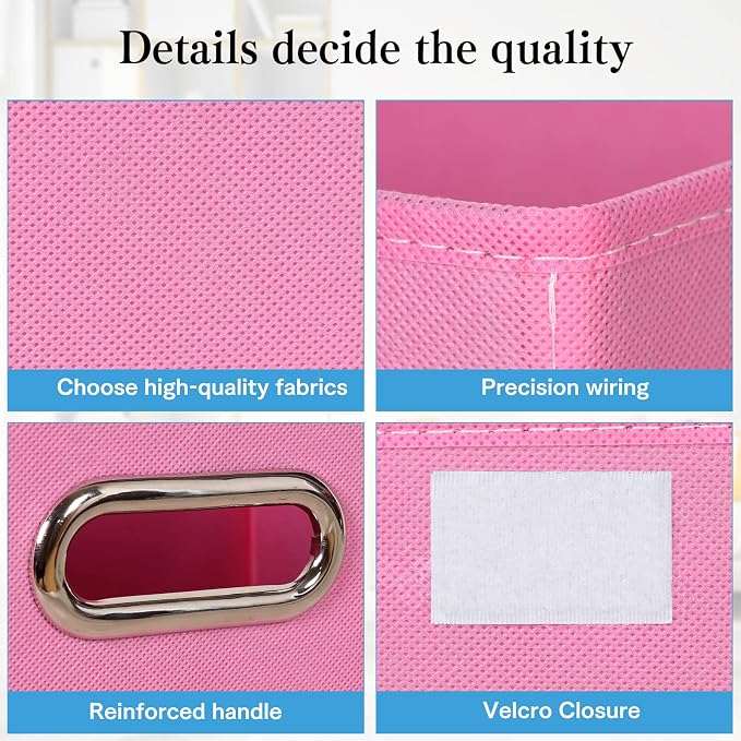 STOREONE Fabric Storage Cube Bins Foldable Organizer Container Collapsible Basket with Lids and Metal Handles, for Home, Bedroom, Closet 6 Pcs (Pink)