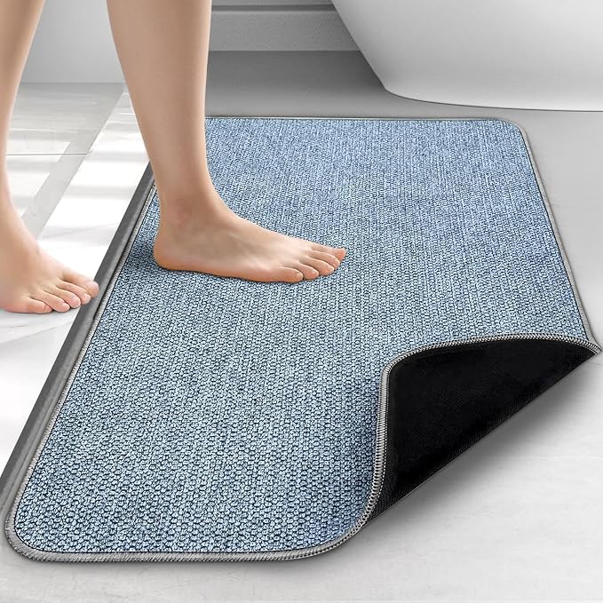 Upgraded Bath Mat 24x36Inch, Thin Bath Mats Rugs with Rubber Backing Non-Slip, Absorbent,Quick Dry Machine Washable, Home Decor Accessories Cozy Cloth Bathroom Rugs fit Under Door/Sink/Tub/Shower-Blue