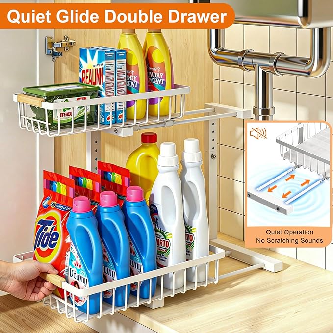 Under Sink Organizer, Height Adjustable Under Sink Organizers and Storage, 2 Tier Pull Out Drawer Cabinet Storage for Kitchen Bathroom, 1 Pack, White | cabinet organizer, 5 level adjustable, quiet sliding rails, dual suction and nano tape, no drill, ru...