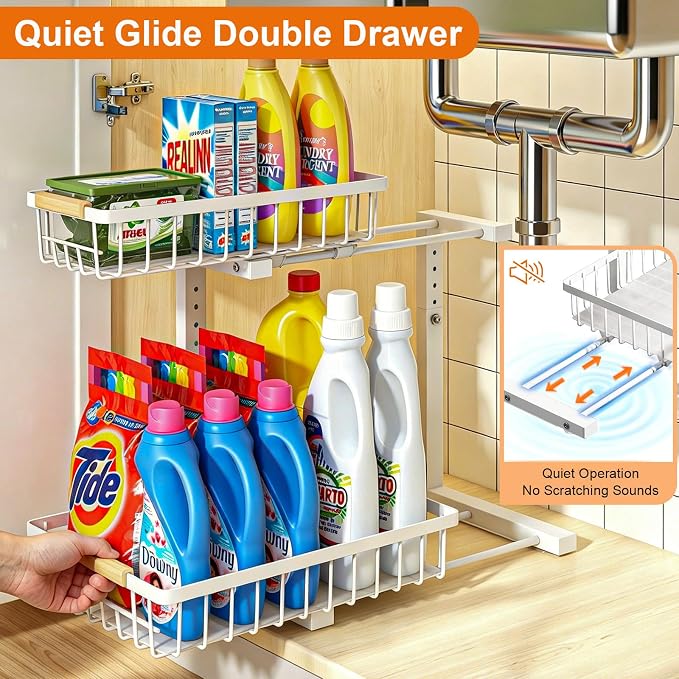 Under Sink Organizer, White 2 Pack Height Adjustable | 2 Tier Pull Out Drawer, Under Sink Organizers and Storage, Cabinet Storage for Kitchen Bathroom