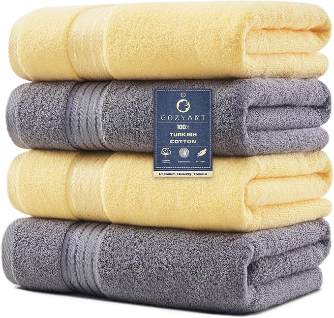 COZYART Luxury Bath Towels 4 PCS, 27x54 650 GSM Turkish Cotton, Grey+Yellow | Zero Twist 100% Ring Spun Cotton, Fluffy, Ultra Soft, Super Absorbent, Quick Dry, Large Towels for Hotel Spa Bathroom Shower